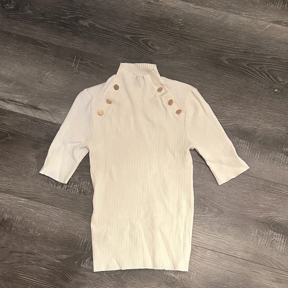 Loft Cream Ribbed Mock Turtleneck Sweater with Button Accents
